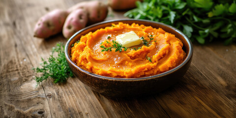 Delicious Bowl of Mashed Sweet Potatoes with Butter with Space for Copy