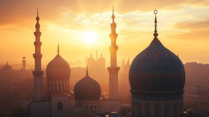 Golden Sunset Illuminates Mosque Domes and Minarets