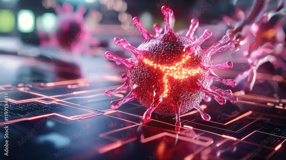 Poster detailed depiction of nanotechnology interacting with virus, showcasing vibrant colors and intricate