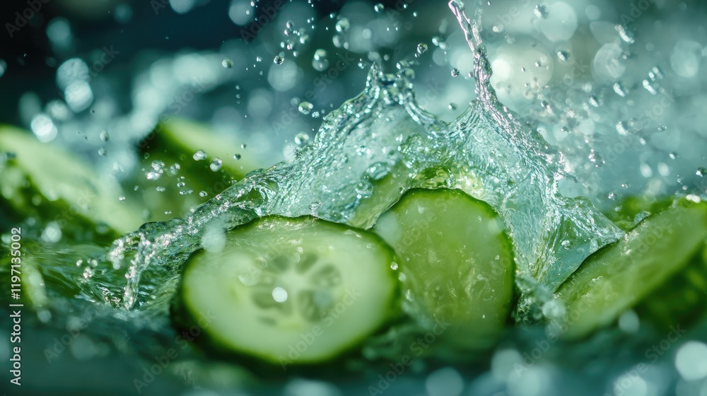 Poster close-up of fresh cucumber slices splashing into water, emphasizing their vibrant green color and te