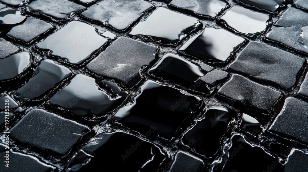 Poster close-up of glossy black ceramic bricks, broken by a mysterious black hole that disrupts the surface