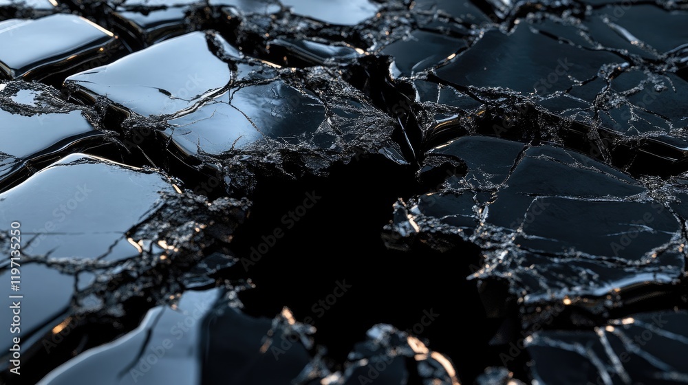 Poster close-up of glossy black ceramic bricks, broken by a mysterious black hole that disrupts the surface