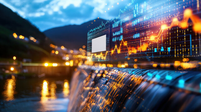 stunning night time view of hydroelectric dam with flowing water, illuminated by city lights and overlaid with digital data graphics, showcasing energy and technology - Powered by Adobe