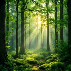 Obraz premium Lush green forest, sunbeams piercing through trees, misty atmosphere