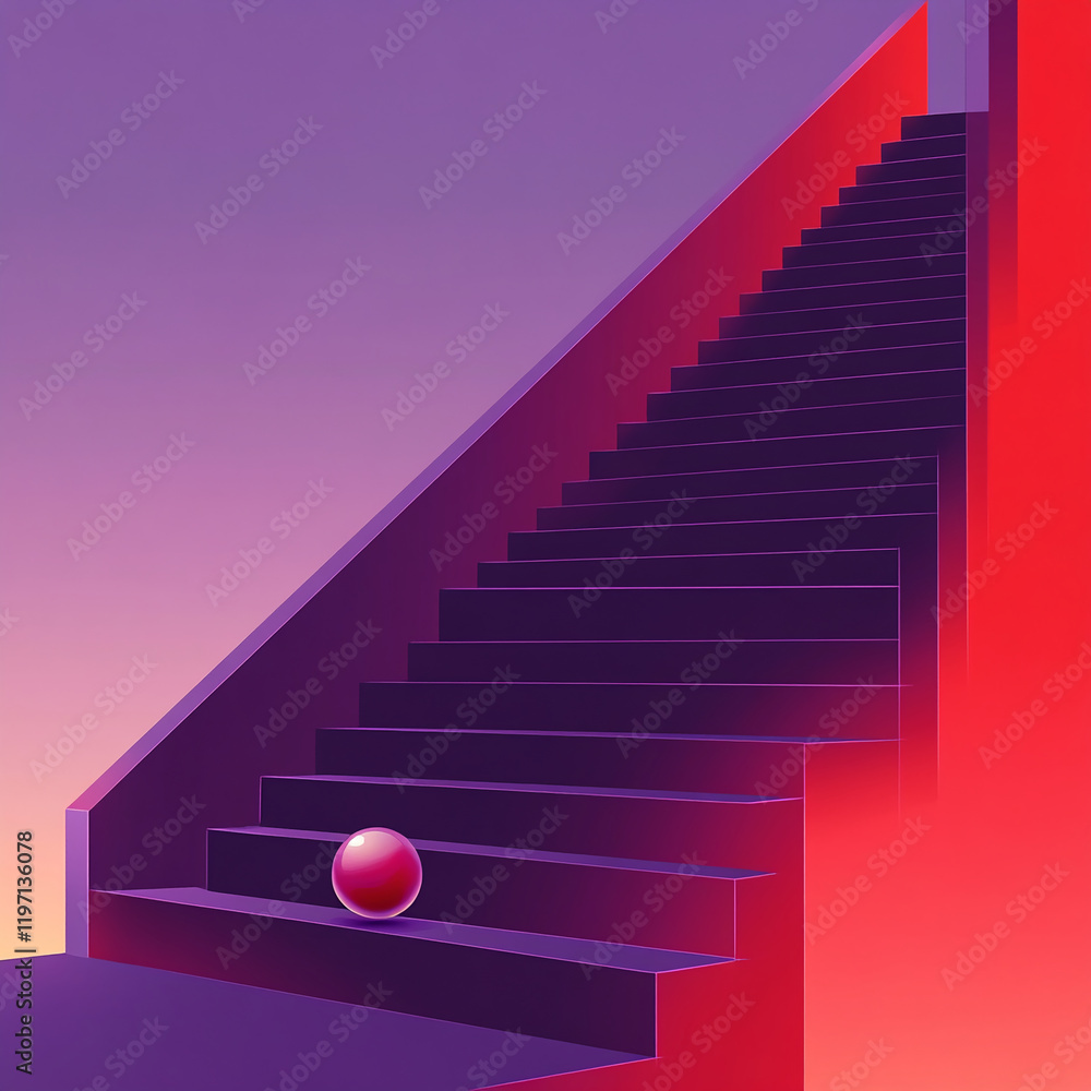 Poster red sphere on purple stairs with a soft gradient abstract background