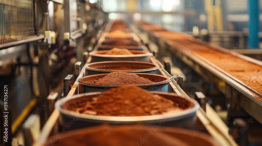 Poster Containers of cocoa powder moving along an industrial production line in a factory setting, emphasizing the scale and precision of manufacturing cocoa products