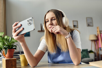 A teenage girl relaxes in her cozy room, engaging with her smartphone while wearing headphones.