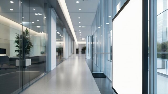 Modern office hallway with large blank display, sleek design, and minimalistic furniture in background