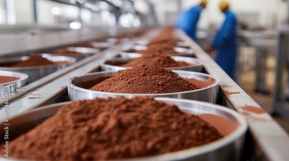 Poster Containers of cocoa powder moving along an industrial production line in a factory setting, emphasizing the scale and precision of manufacturing cocoa products