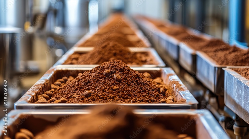Aufkleber Containers of cocoa powder moving along an industrial production line in a factory setting, emphasizing the scale and precision of manufacturing cocoa products