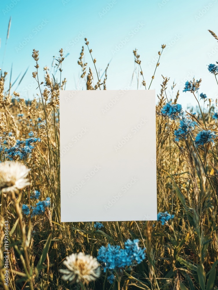 Aufkleber bright summer field with blank paper for text placement and vibrant flowers in the background. gener