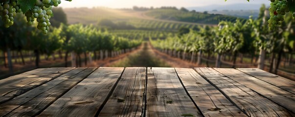 A wooden table with a view of a vineyard