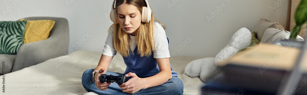 Wall mural A girl enjoys her gaming experience while sitting comfortably in her stylish room, banner