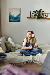 Obraz premium A teenager relaxes on her bed, immersed in music while holding her phone in a modern apartment.