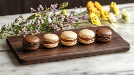 Macarons on wooden board and besides some flowers.