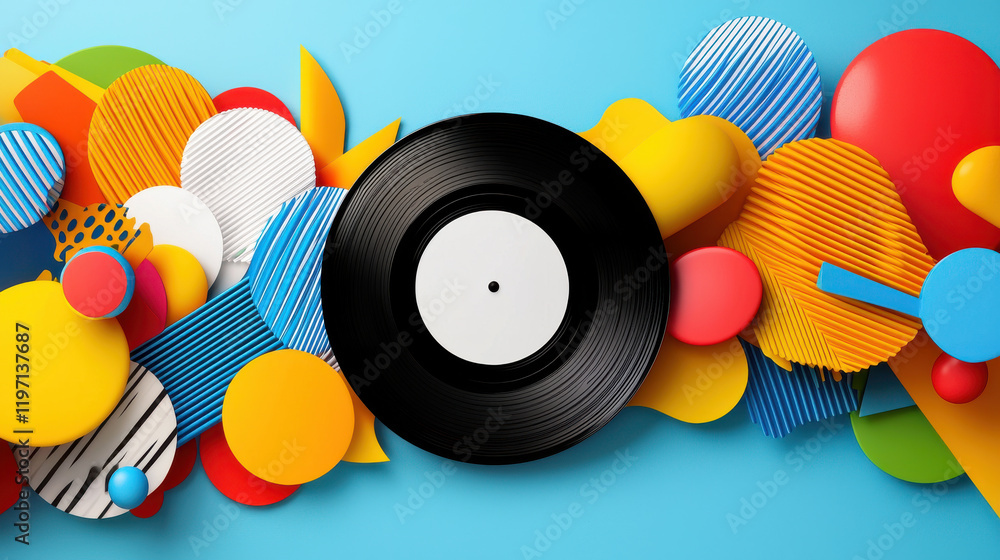 Poster vibrant pop art illustration featuring vinyl record surrounded by colorful geometric shapes and patt