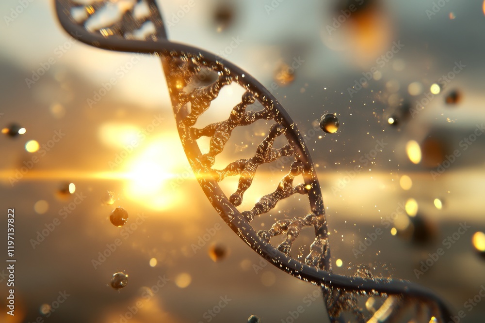 Poster dna helix illuminated by sunset with glimmering particles in the background creating a scientific at