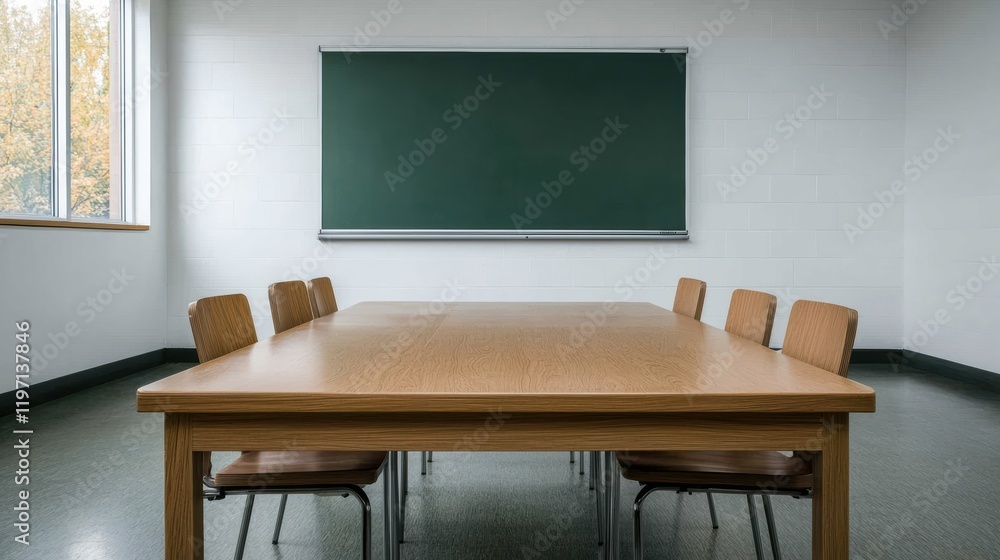Poster empty meeting room with large table and chalkboard promoting productive discussions