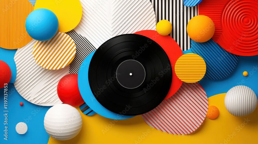 Fototapete vibrant pop art illustration featuring vinyl record surrounded by colorful geometric shapes in vario