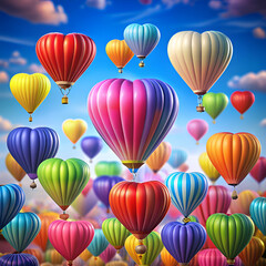 Colorful heart-shaped hot air balloons soar against a bright blue sky.