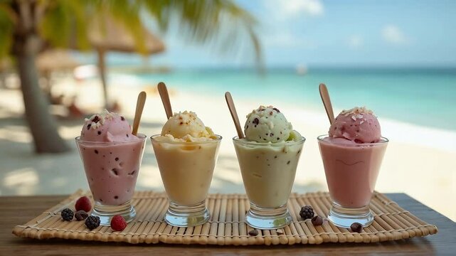 Copas de helado de frutas en la playa con fondo tropical