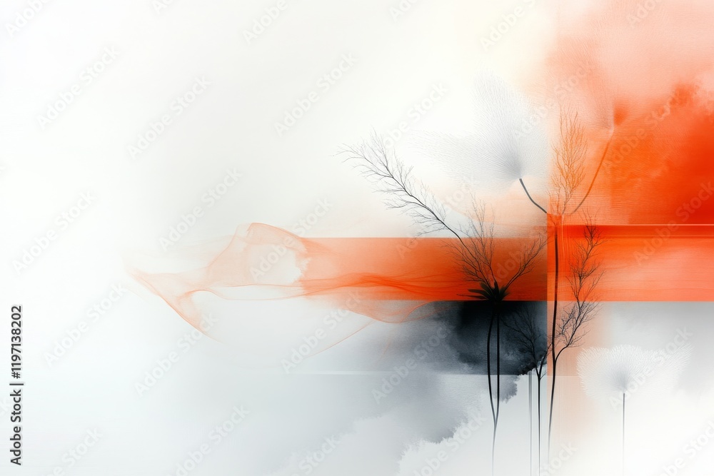 Poster abstract art composition featuring soft colors and organic shapes with delicate branches in a serene