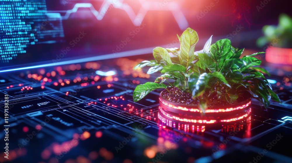 Poster futuristic plant growing in digital environment, symbolizing technology and nature integration. vibr