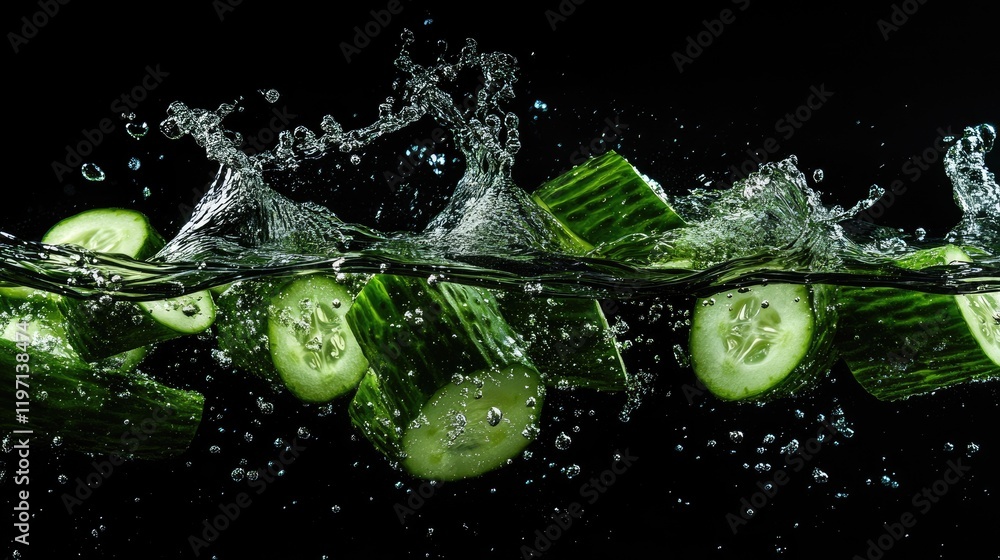 Poster fresh cucumber slices splashing in water, capturing the lively green color and freshness, ideal for 