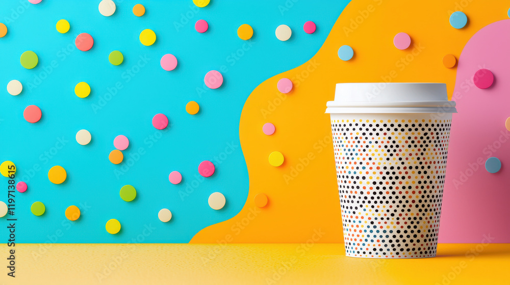 Poster vibrant pop art style coffee cup stands against colorful backdrop of polka dots, creating playful an
