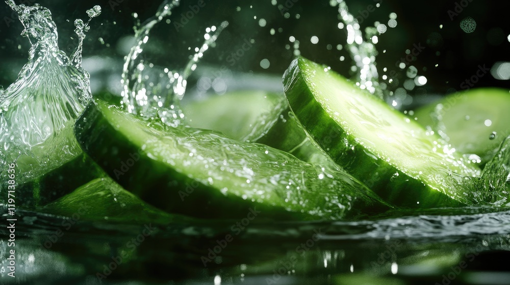 Poster Fresh cucumber slices splashing in water, highlighting the vibrant green color and smooth texture, perfect for healthy eating and refreshing culinary designs