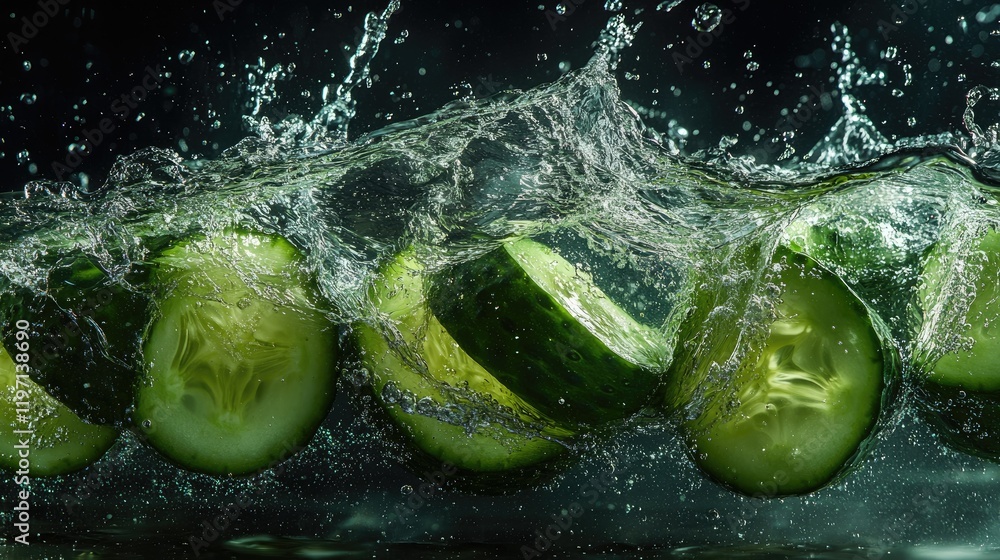 Poster fresh cucumber slices splashing in water, highlighting the vibrant green color and smooth texture, p