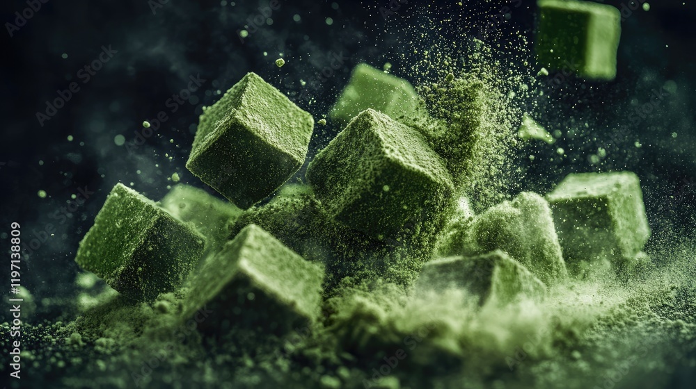 Aufkleber Fresh green powder cubes exploding into a fine dust, creating a dynamic visual of flavor and freshness, ideal for food and ingredient-based imagery
