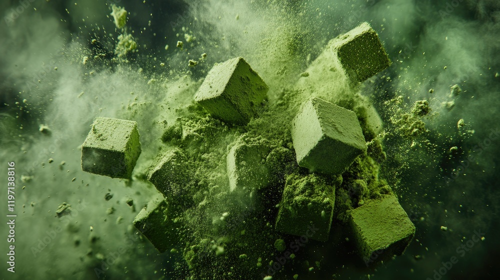 Aufkleber Fresh green powder cubes exploding into a fine dust, creating a dynamic visual of flavor and freshness, ideal for food and ingredient-based imagery