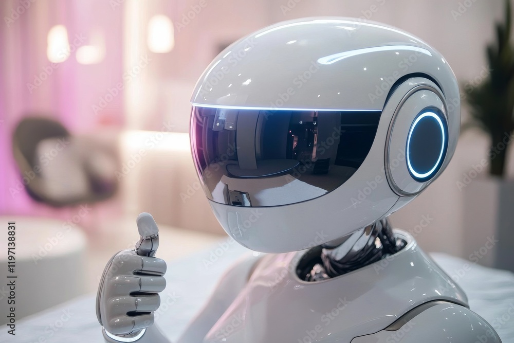 Poster robot giving a thumbs-up in a modern indoor setting with soft lighting
