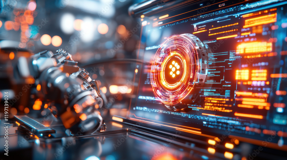 Poster futuristic biotechnology laboratory featuring advanced ai tools and glowing interfaces. scene showca