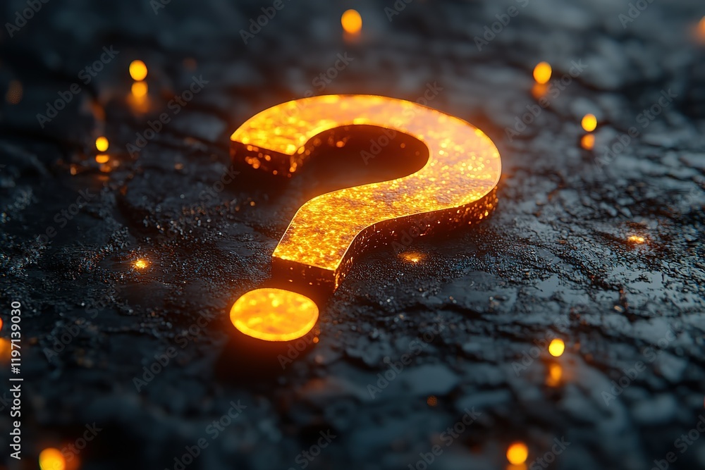 Poster glowing question mark on dark surface. intriguing symbol of inquiry and uncertainty.