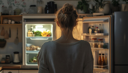 Young woman near open refrigerator in kitchen, rear view