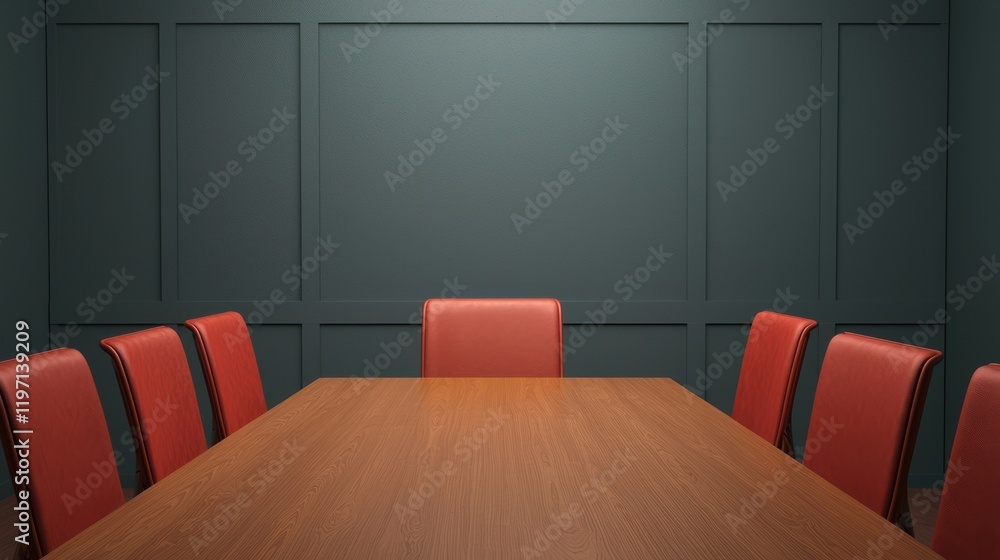 Aufkleber empty meeting room with wooden table and red chairs suggesting a productive workspace