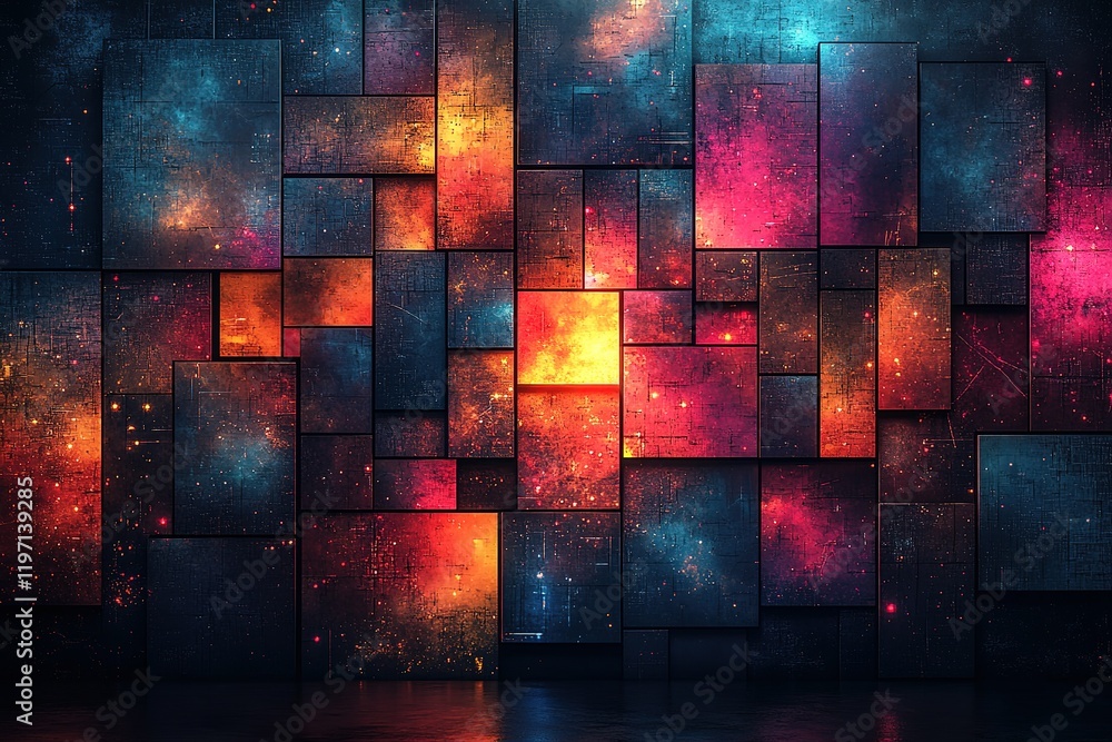 Poster abstract colorful mosaic wall art. glowing rectangular panels create a dynamic, textured background.