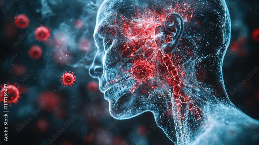 Poster anatomical x ray view of human head showing respiratory pathways and viruses. this digital illustrat