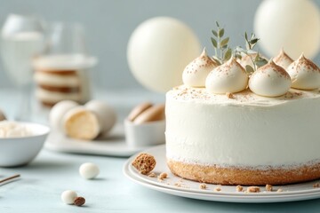 Delicious cake with cream topping decorated with mini meringues on a light blue table during a festive celebration
