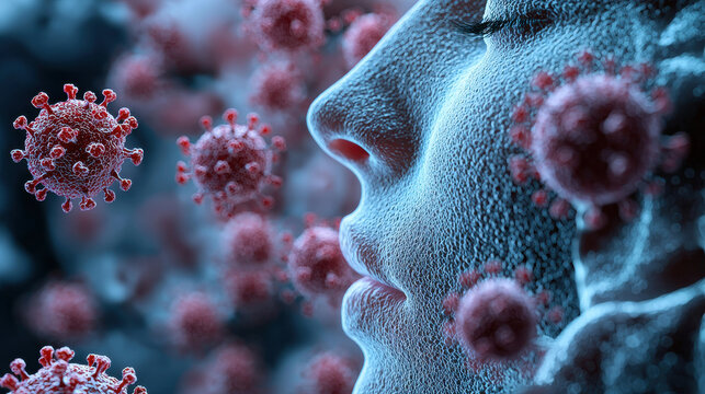Close up of human face with digital representation of viruses, illustrating concept of viral entry and infection. image evokes sense of vulnerability and awareness - Powered by Adobe