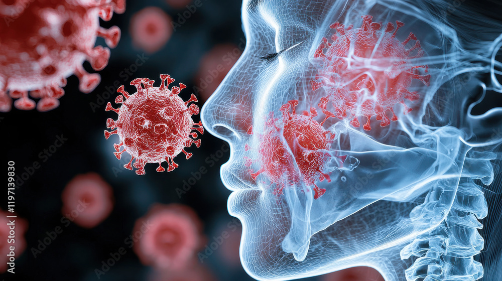 Aufkleber clear visual representation of viral attack on respiratory system, showcasing interaction between vi
