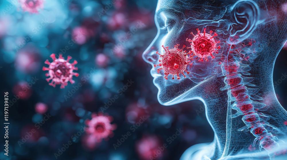 Poster clear visual representation of viral attack on human body, showcasing interaction between viruses an