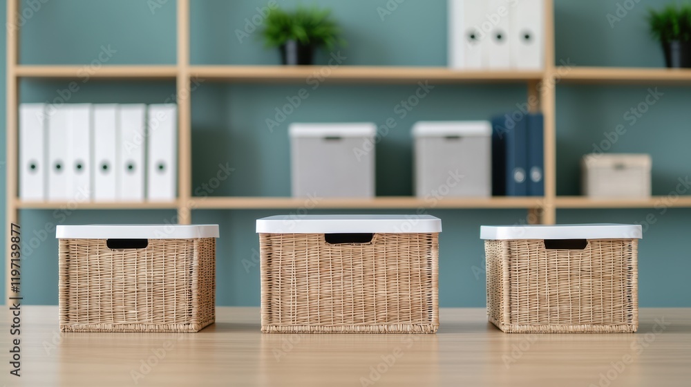 Poster wicker storage baskets promoting organization and efficiency in a conference room