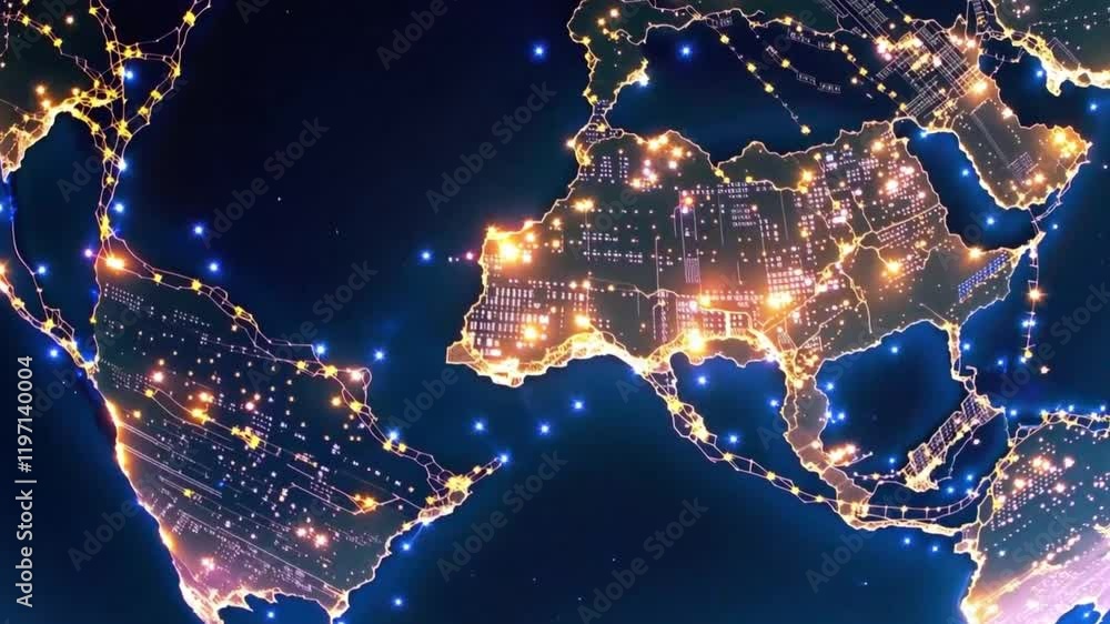 Poster global network and earth at night - digital communication and connectivity visualization in 3d.