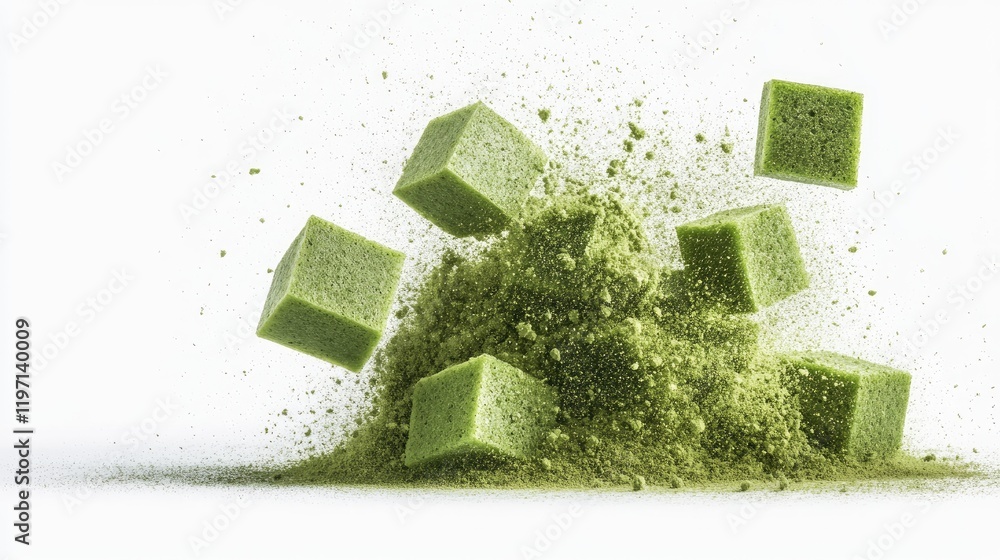 Poster green cubes of powder exploding into a cloud of dust, illustrating the freshness and intensity of na