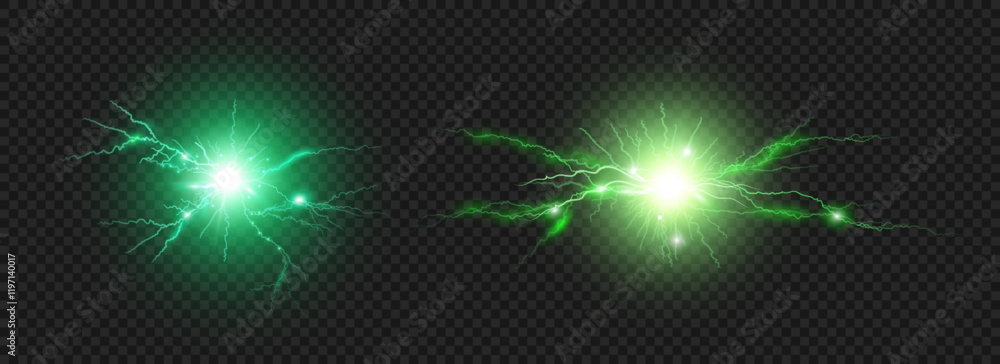 Poster lightning strikes and sparks, electrical energy realistic effect. vector isolated set of bolts, sphe