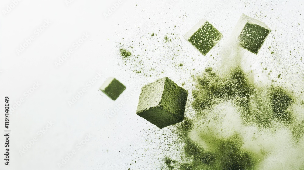 Poster green cubes of powder exploding into a cloud of dust, illustrating the freshness and intensity of na