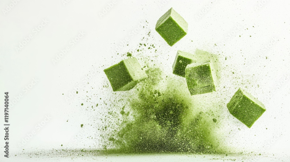 Poster green cubes of powder exploding into a cloud of dust, illustrating the freshness and intensity of na